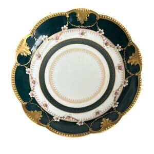 AK France Limoges Hand Painted Floral and Gold Green Serving Bowl